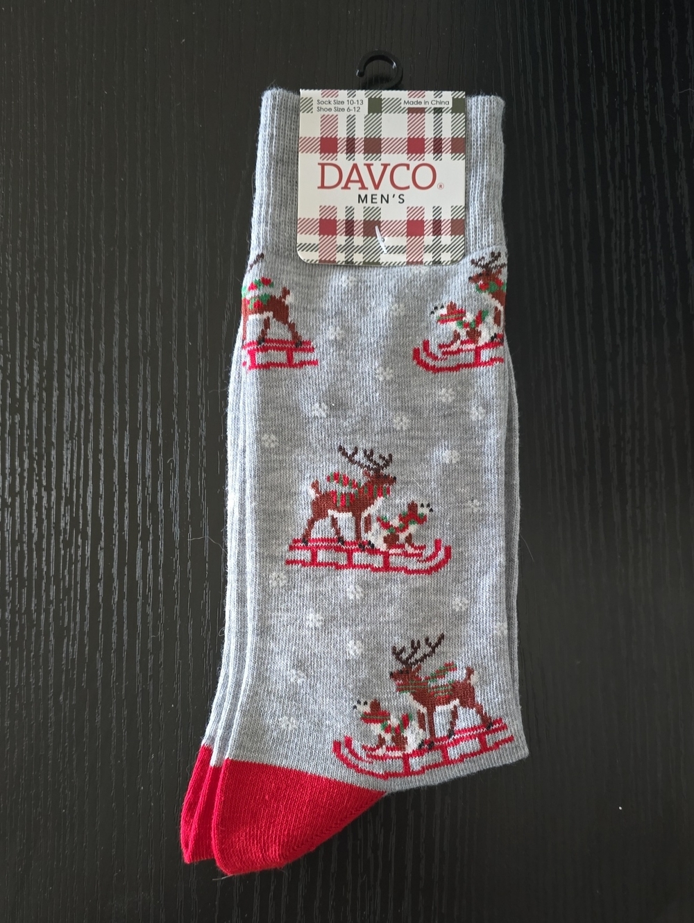 DAVCO Men's Gray Reindeer Crew Socks with Red Accents